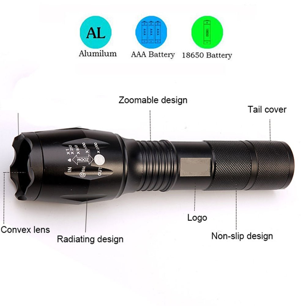 Paket Senter LED Tactical CREE XM-L2 8000 E17 Lumens VRtec Baterai Charger