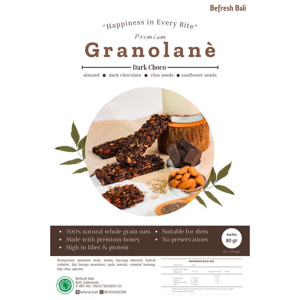 

Granolane Dark Chocolate Premium / Makanan Ringan Sehat / Snack Diet/ Granola Bar / Oleh Oleh Bali (2x40gr)