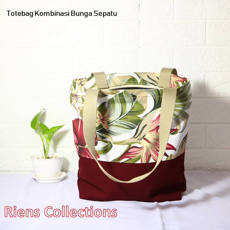 TAS KANVAS TOTEBAG KANVAS KOMBINASI MOTIF BUNGA SEPATU. Riens Collections