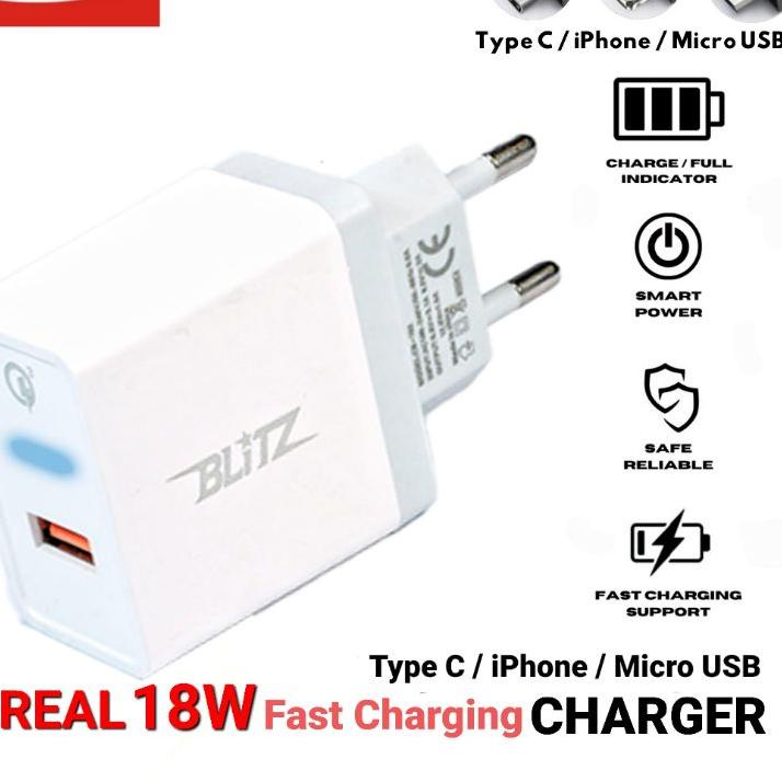 Paling Disukai.. BLiTZ Adaptor Charger CB-102 Fast Charging Qualcomm 3.0 18W + Kabel Type C / Micro 