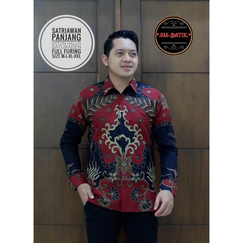 Batik pria motif moderen warna merah/batik lengan panjang merah/hem batik pria/kemeja batiksatriawan