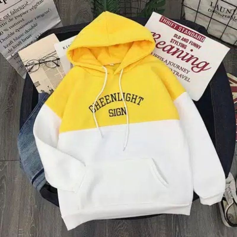 Lyfashionstore Sweater Hoodie Wanita Kantung Kombinasi GREENLIGHT SIGN-Kuning-Putih