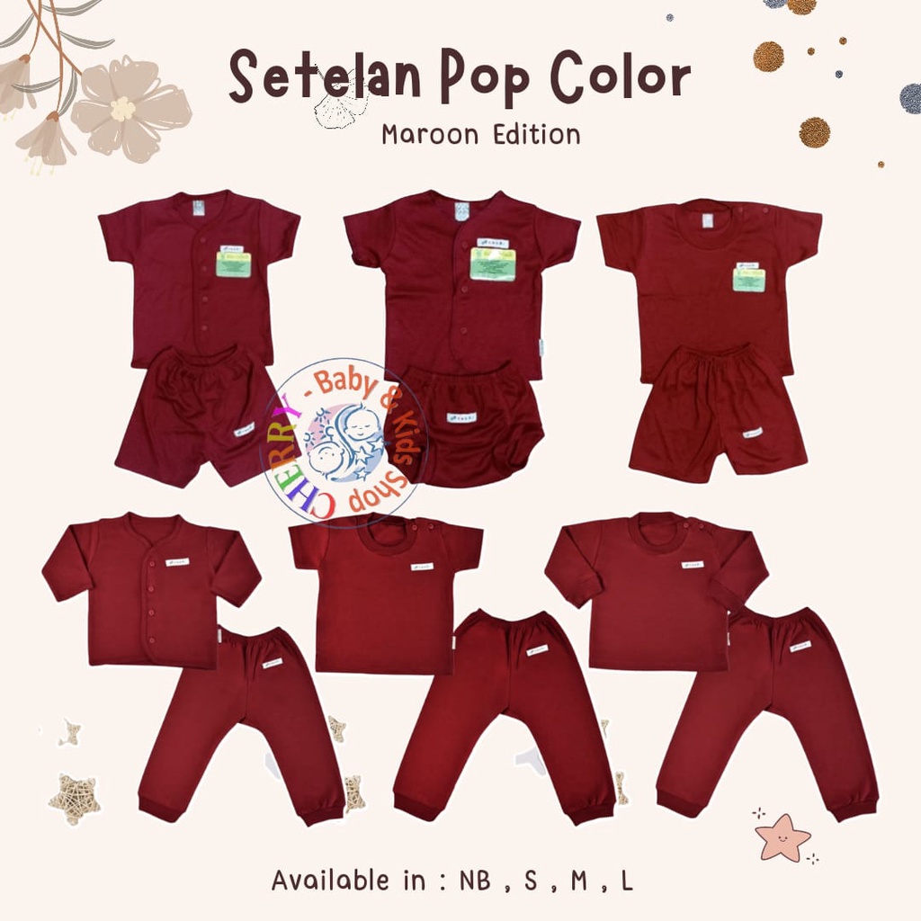 Aruchi Setelan Pendek / Panjang Warna Merah Maroon Manyue Selametan POP COLOUR Piyama Anak NB S M L