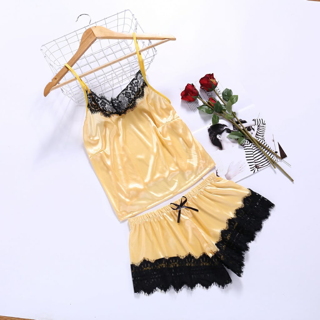 PM Pakaian Dalam Wanita Set Lingerie Celana Renda Seksi + Tank Top Set Baju Tidur Malam baju tidur set baju celana - 3123-Yellow