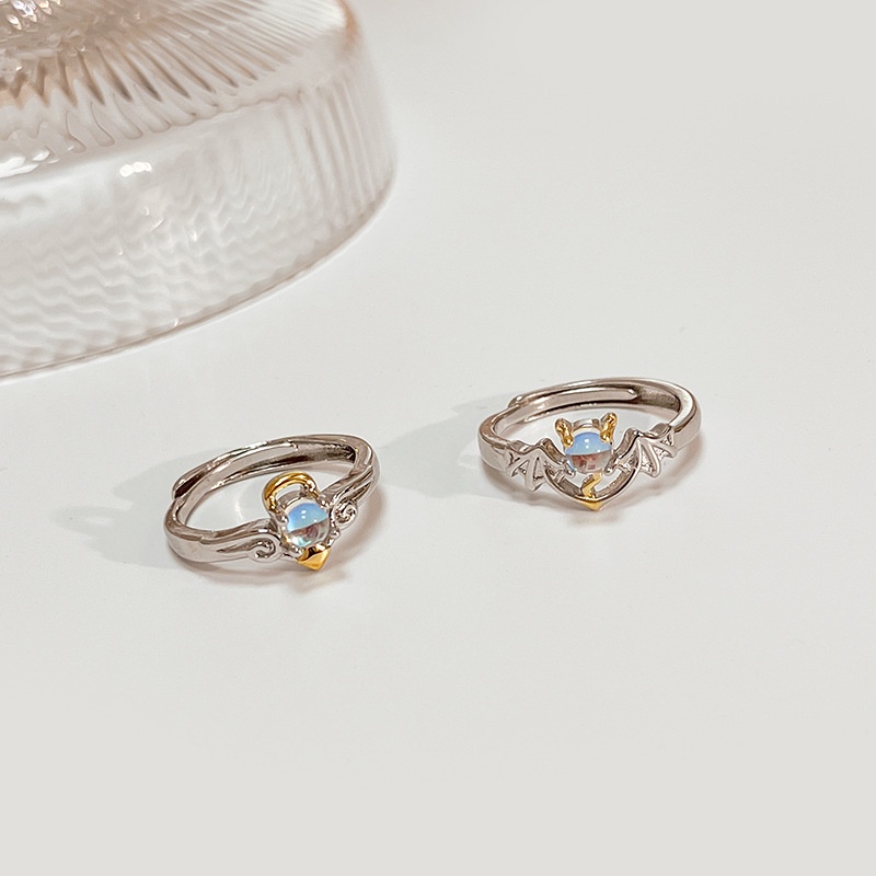 COD❤️Perhiasan Cincin Pasangan Perak Fashion Korea Biru Moonstone Malaikat Setan-A.one