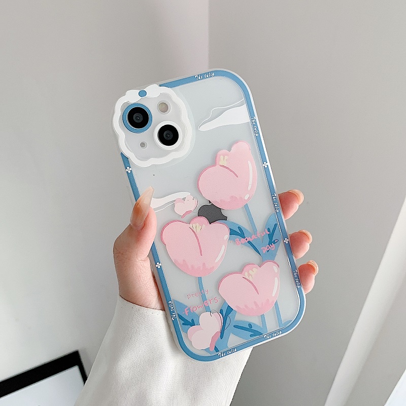 Case Pelindung Kamera Transparan Anti Jatuh Motif Bunga Untuk iPhone 11 12 13 Pro MAX X XR XS MAX