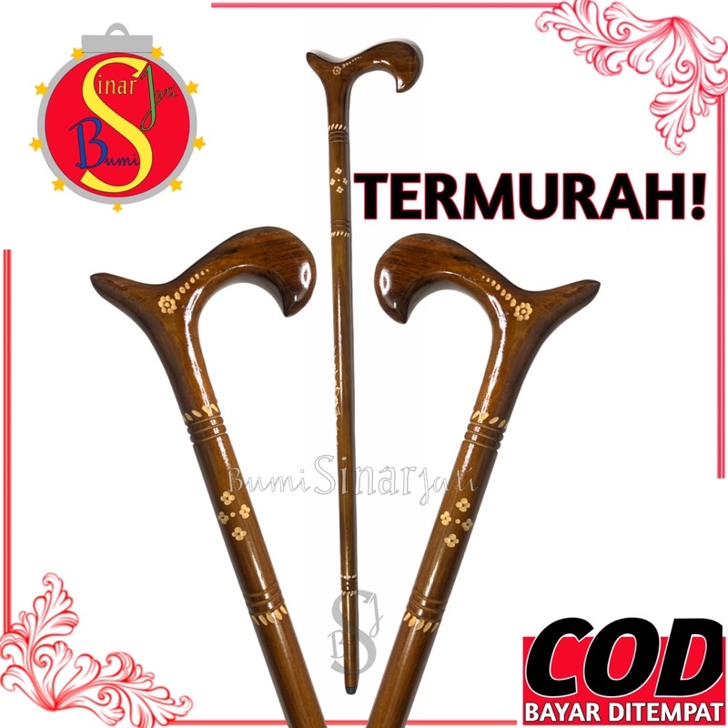 (COD) tongkat jalan kayu jati + sepatu karet anti licin / slip -  tongkat orang tua - tongkat satu k