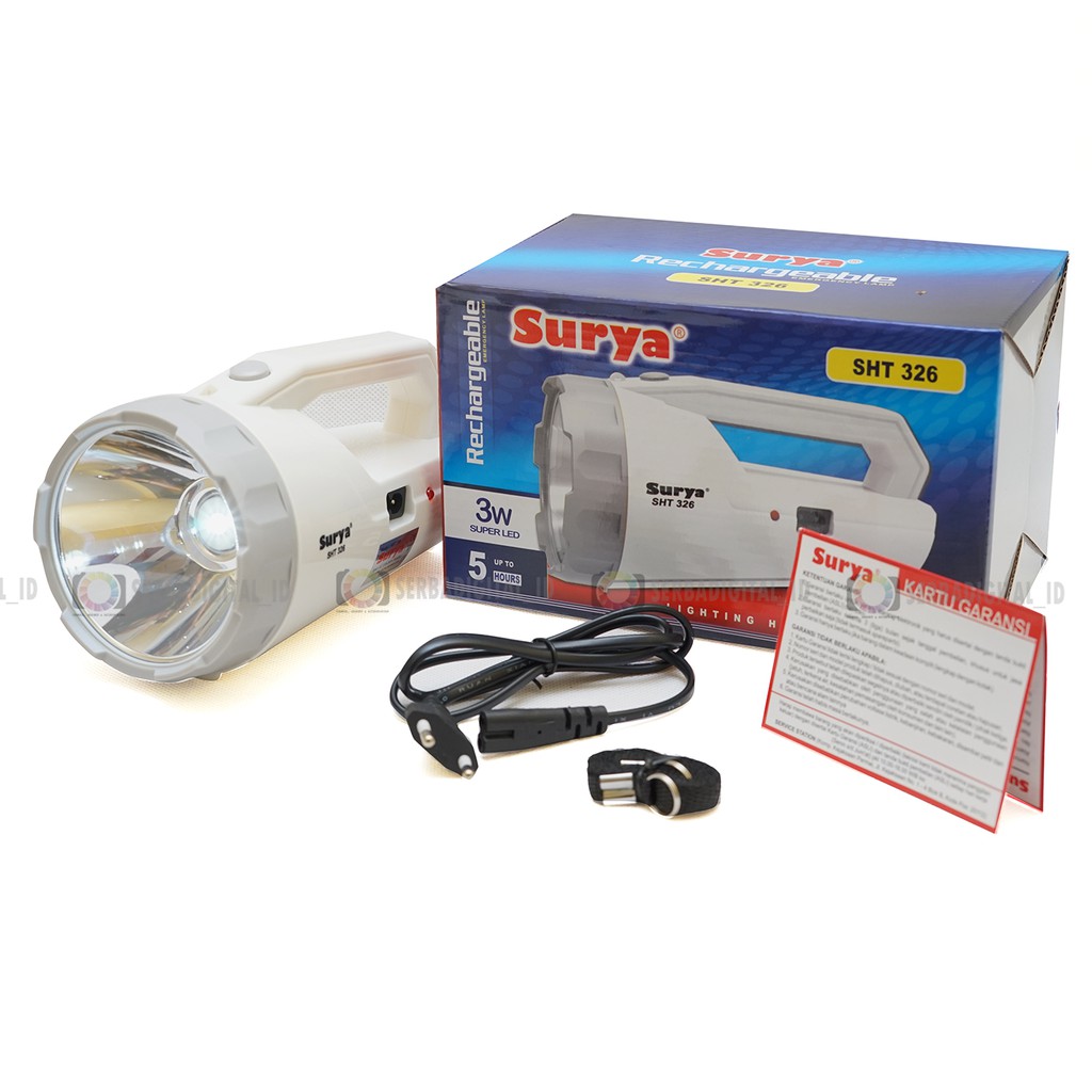 Surya Senter Led Lampu Emergency SHT 326 White Senter Led Super Terang LED 3W Rechargeable 5 Hour