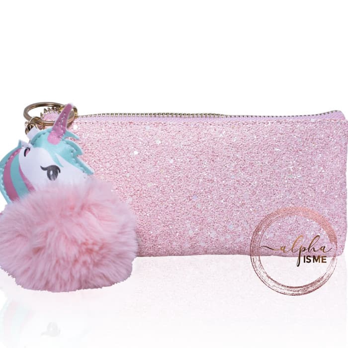

alphaisme Pouch Kosmetik Tempat Pensil Glitter Peach with Unicorn Pom