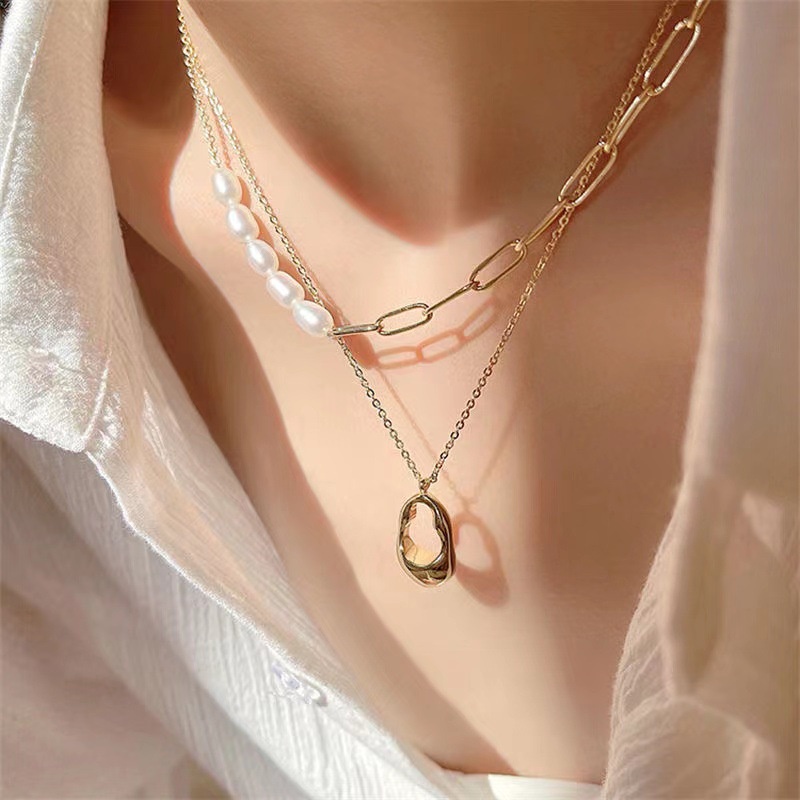 Kalung Rantai Ganda Bahan Alloy Dengan Mutiara Imitasi Untuk Wanita
