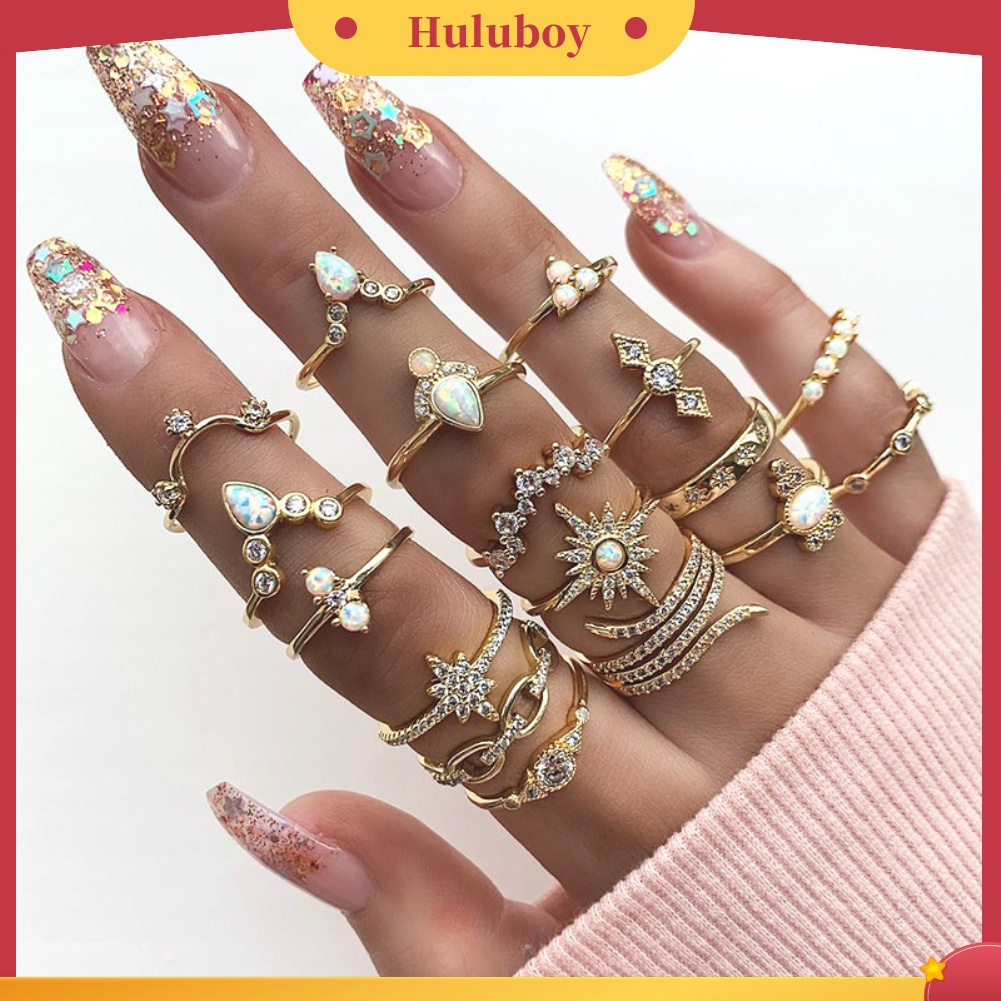 Hu Hu Hu Hu Hu Alat Bantu Pasang Kacamata♡ 17pcs / Set Cincin Wanita Desain Bunga Hias Berlian Imitasi Gaya Bohemian Untuk Pesta / Hadiah