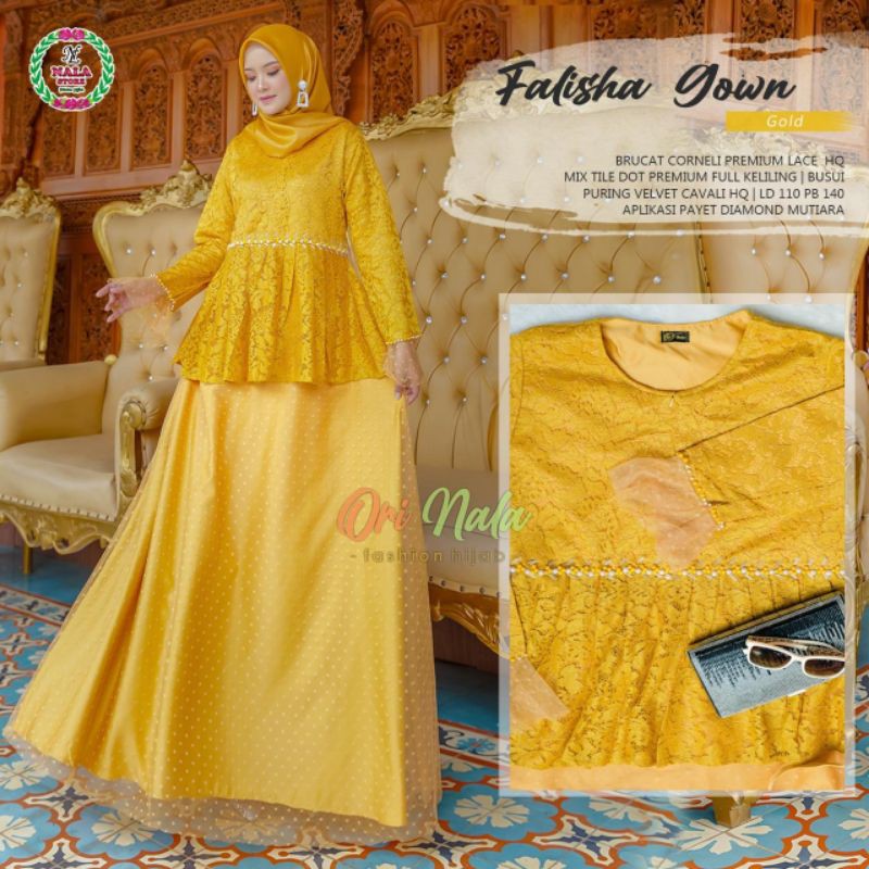 Falisha gamis longdress gaun peplum brukat mix tile dotty aksen payet mutiara gown