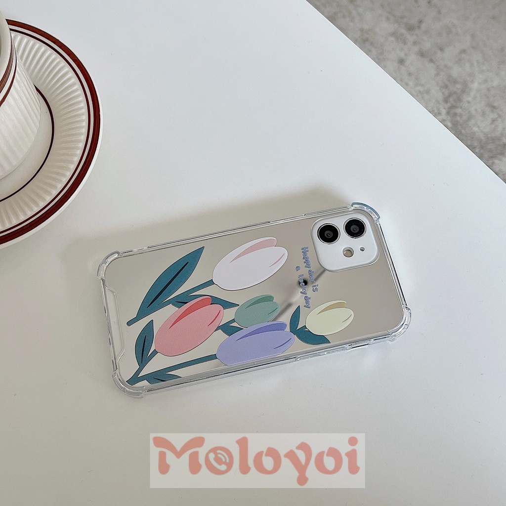 Soft Case Tpu Motif Bunga Tulip Dengan Cermin Untuk IPhone 11 Pro Max 7 8 13 11 12 Pro Max 7 Plus 8 Plus X XS Max XR SE 2020