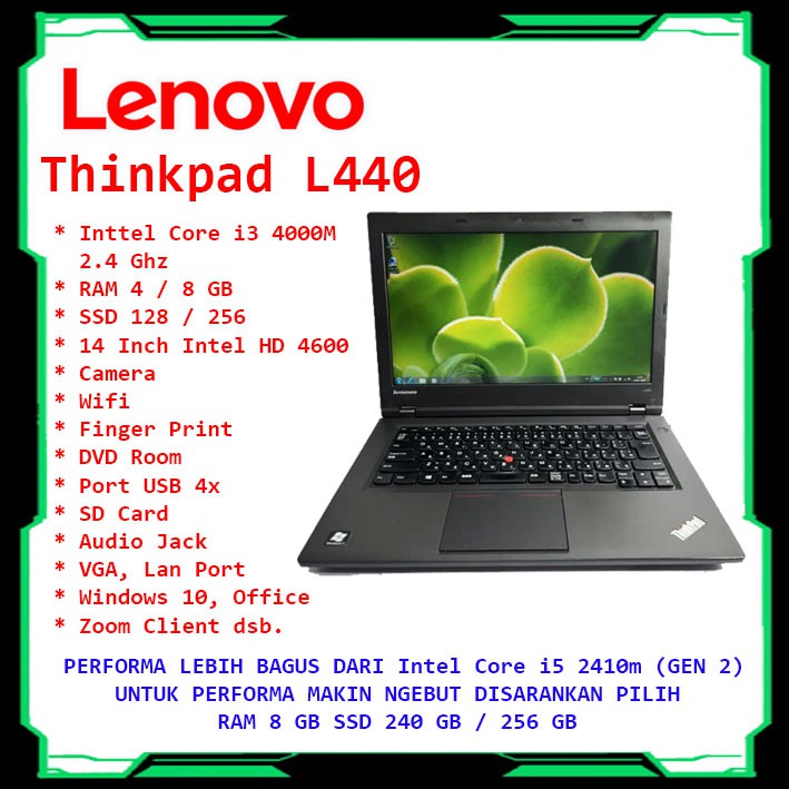 NOTEBOOK LAPTOP CORE I3 4000M RAM 8GB SSD 256 GB LENOVO THINKPAD L440