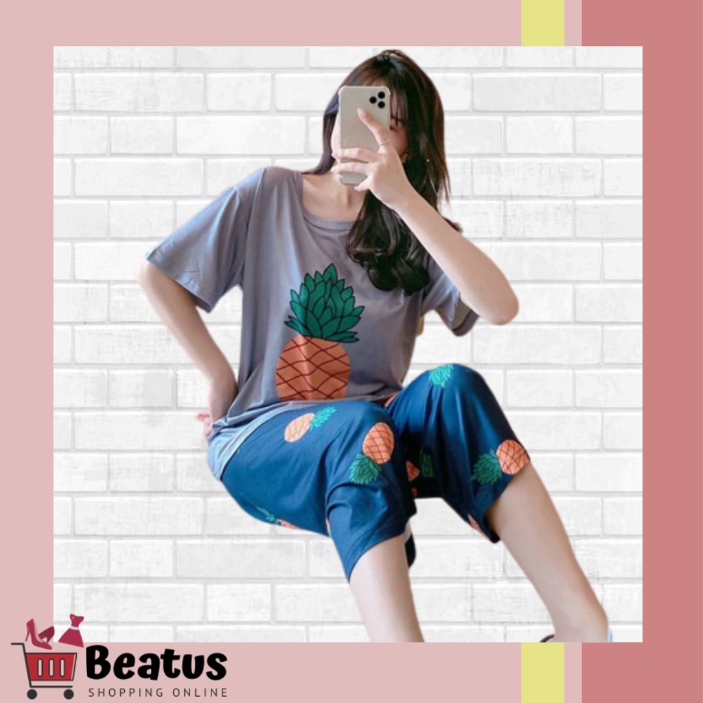 SETELAN KAOS CELANA PENDEK 7/8 WANITA BAJU TIDUR MOTIF NANAS