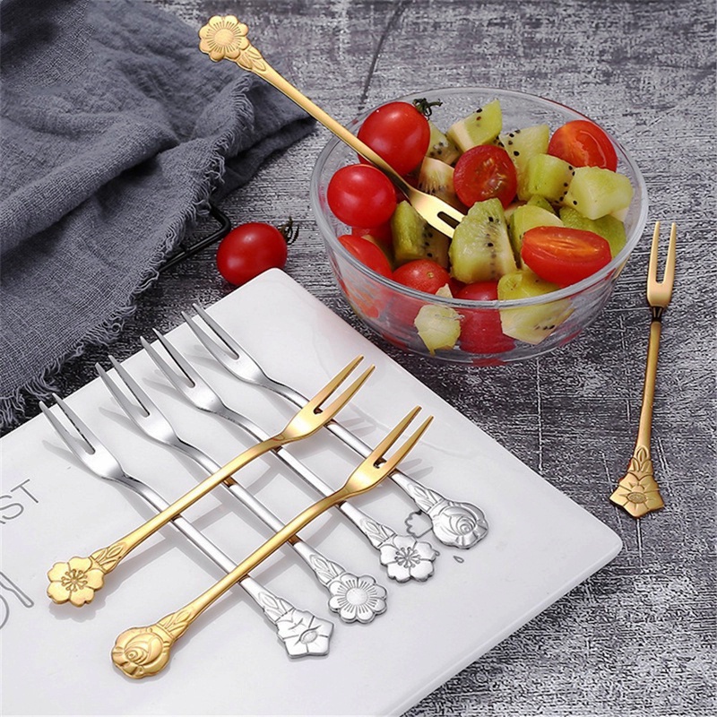 Garpu Buah Multifungsi Bahan Stainless Steel Motif Bunga Mawar Untuk Peralatan Makan