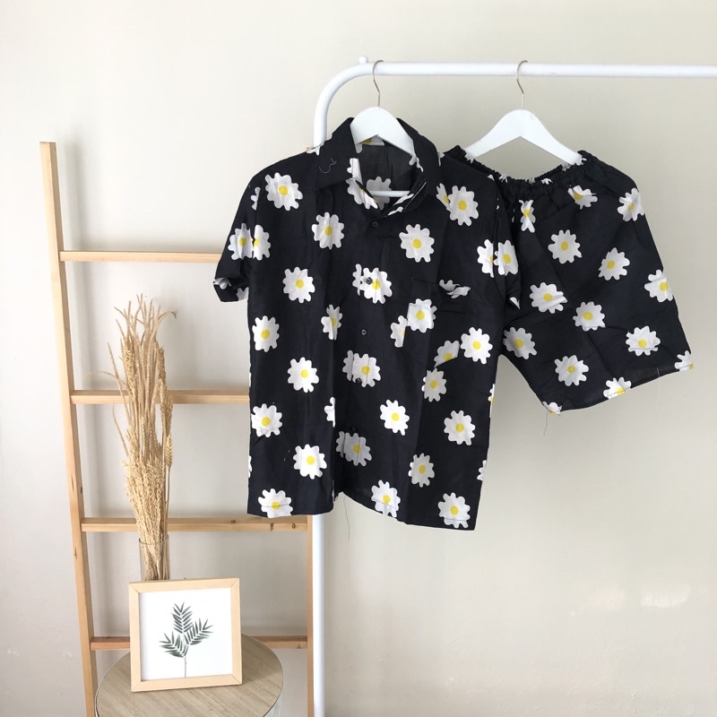 hirafa - One Set Setelan Atas Bawah Full Kancing / Baju Santai Tie Dye / Baju Wanita Pria-Aster - Black