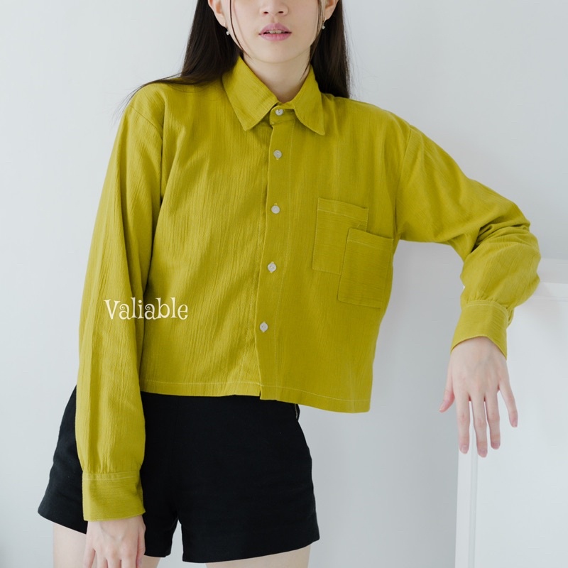 (M-XL) Double Pocket Crop Shirt Linen Crinkle