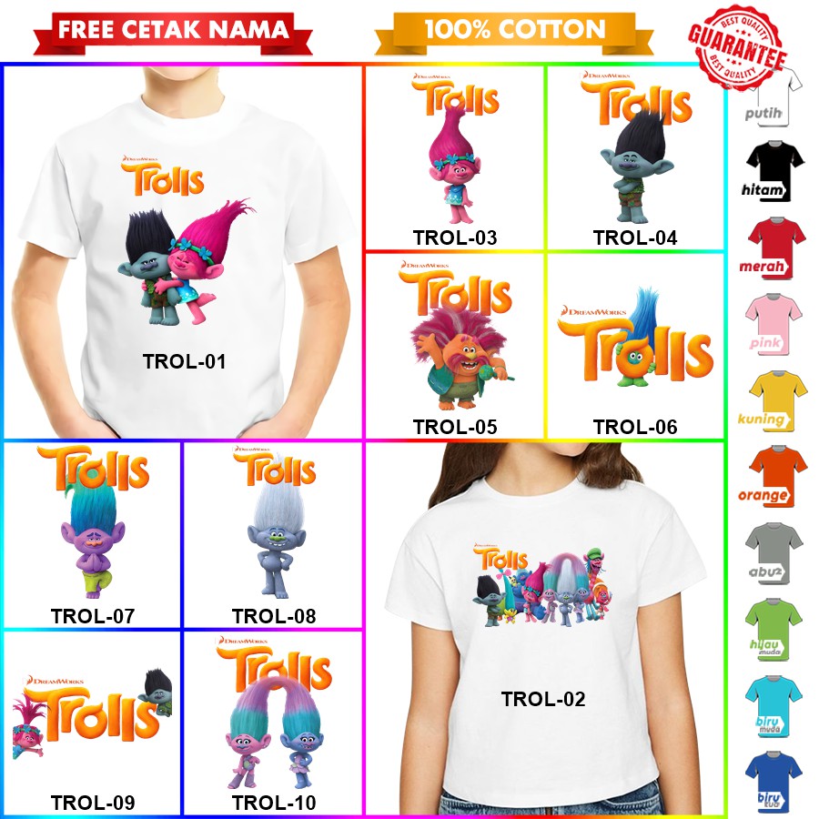 [FREE NAMA!!] Baju Kaos COUPLE  ANAK DAN DEWASA TROLL TROLLS BANYAK MOTIF