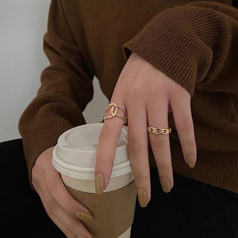 YEEZII 5pcs / Set Cincin Model Terbuka Adjustable Warna Emas Gaya Retro Untuk Wanita