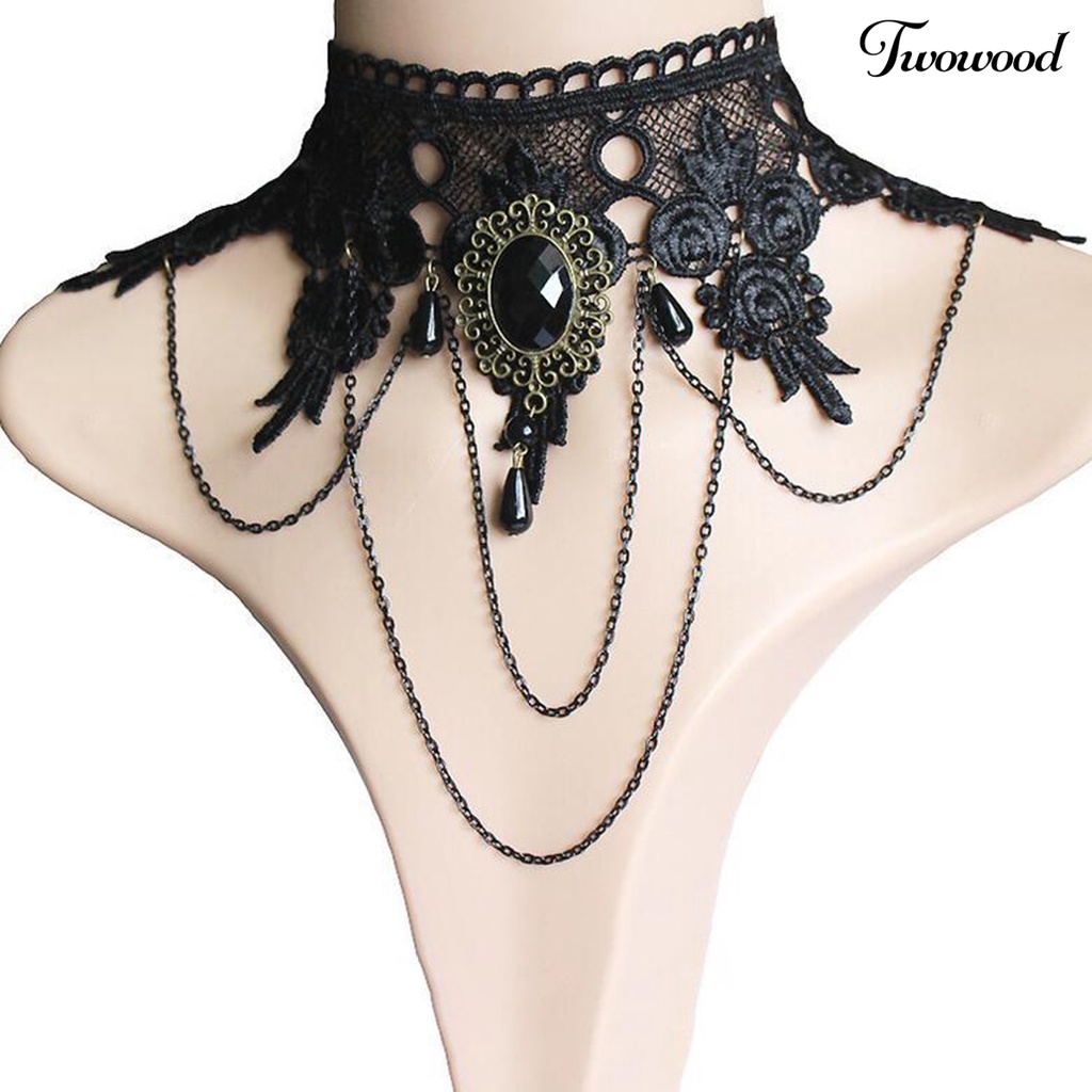 Twowood Lace Flower Faux Gem Necklace Bracelet Earrings Wide Gothic Punk Style Choker Necklace Bracelet Jewelry Accessory