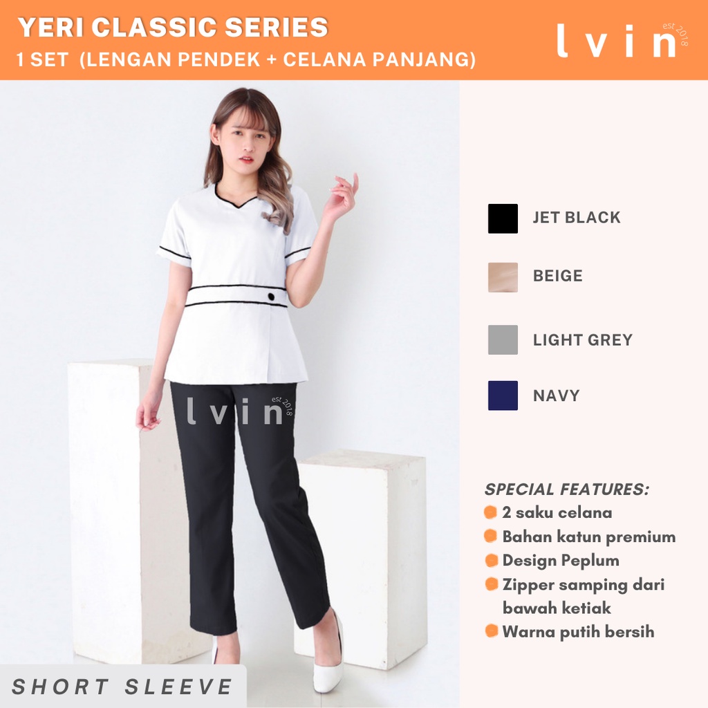 Baju Seragam suster Lvin Peplum / Yeri Classic Series (Kombinasi Putih) / baju babysitter / nanny uniform/seragam klinik/ baju jaga oka