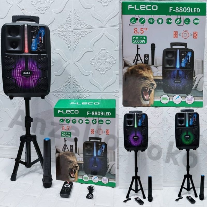 Speaker Bluetooth FLECO X-BASS F-8809LED 8,5 Inchi Free Tripod Dan Microphone Wireless Karaoke Remot Control Salon Aktif Portable Radio Fm