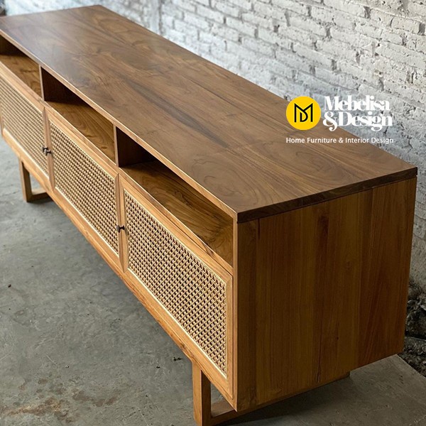 Scandinavian Meja TV 3pintu Rotan, Bufet TV Rak 3pintu Rotan
