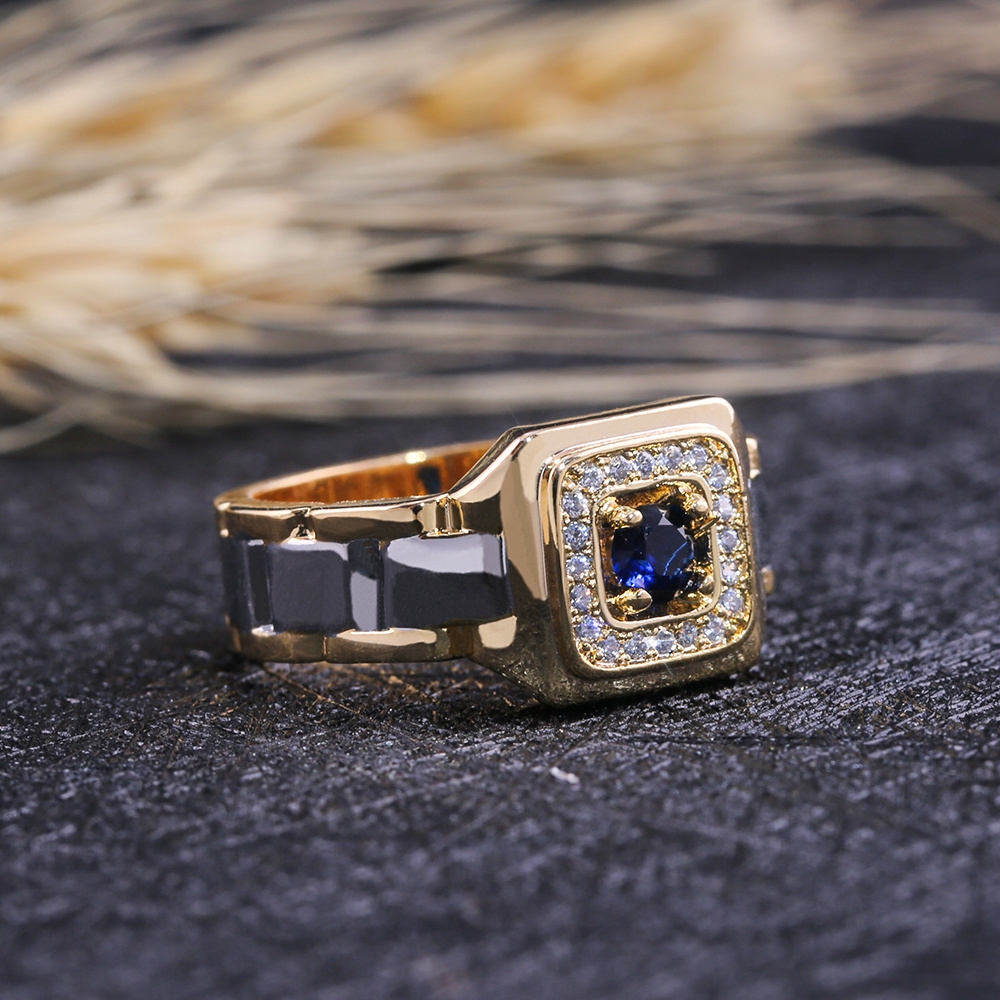 Cincin Tunangan Bahan Titanium Warna Silver Gold Aksen Safir Dan Kristal Untuk Pria Dan Wanita