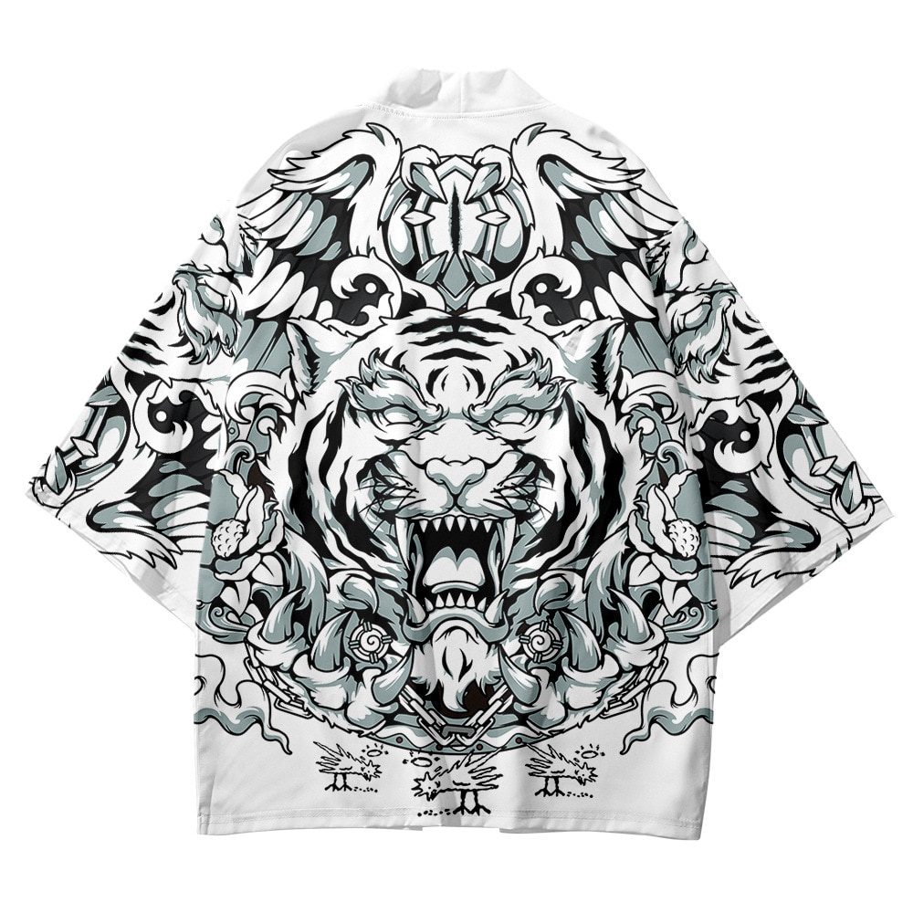 kimono cowok Cartoon Tiger Printed Loose Japanese White Kimono Streetwear Cardigan Robe Summer Women