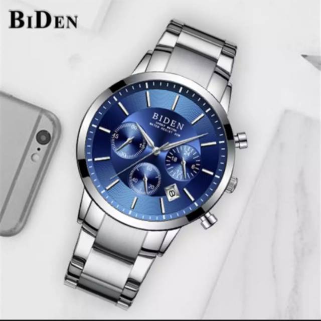 BIDEN 0029 - JAM TANGAN PRIA ANALOG CHRONOGRAPH TALI RANTAI ORIGINAL