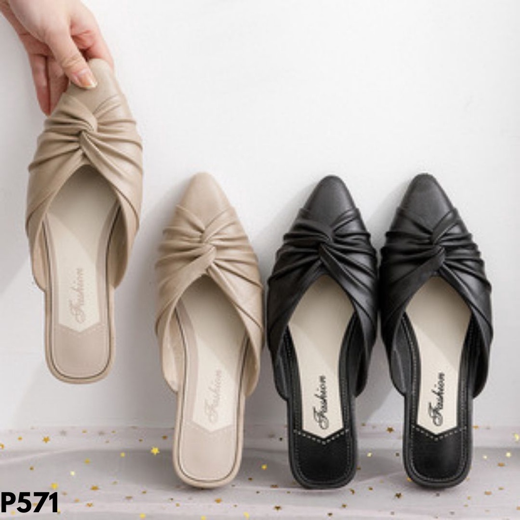 SANDAL FLAT MULES SELOP WANITA IMPORT KULIT CANTIK NYAMAN ELEGAN KASUAL FORMAL NONFORMAL MANIS P571