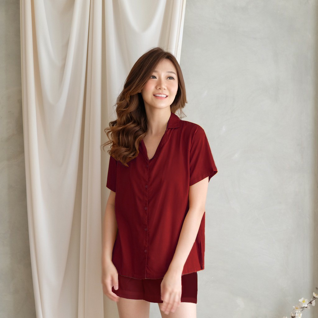 daily set  One set strady basic / setelan kemeja wanita polos/baju santai/pajama gradasi-maroon
