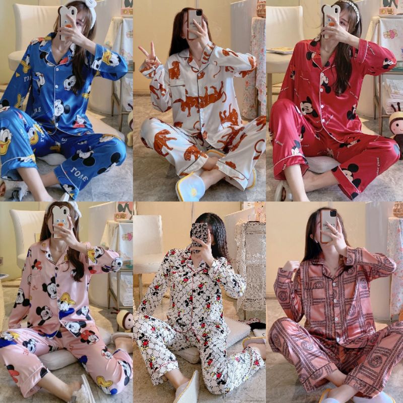 Setelan Piyama Wanita Impor / Baju Tidur Wanita Lengan Panjang Celana Panjang / Baju Tidur Berkerah