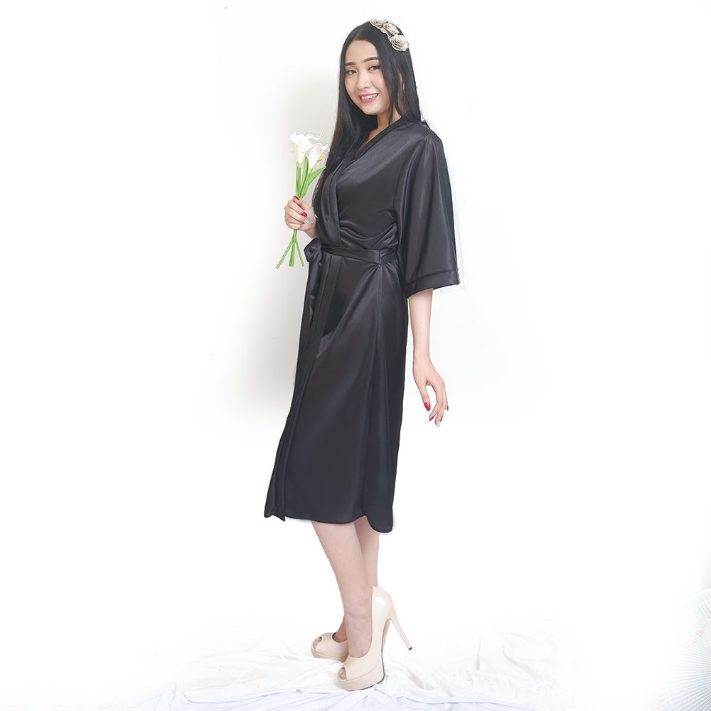 FOLVA kimono baju tidur sleeping robe satin 1559BKIM hitam all size-5