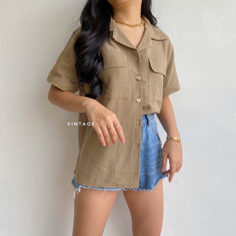 KEMEJA WANITA CASUAL POCKET TOP KEMEJA WANITA POLOS BASIC MURAH-3