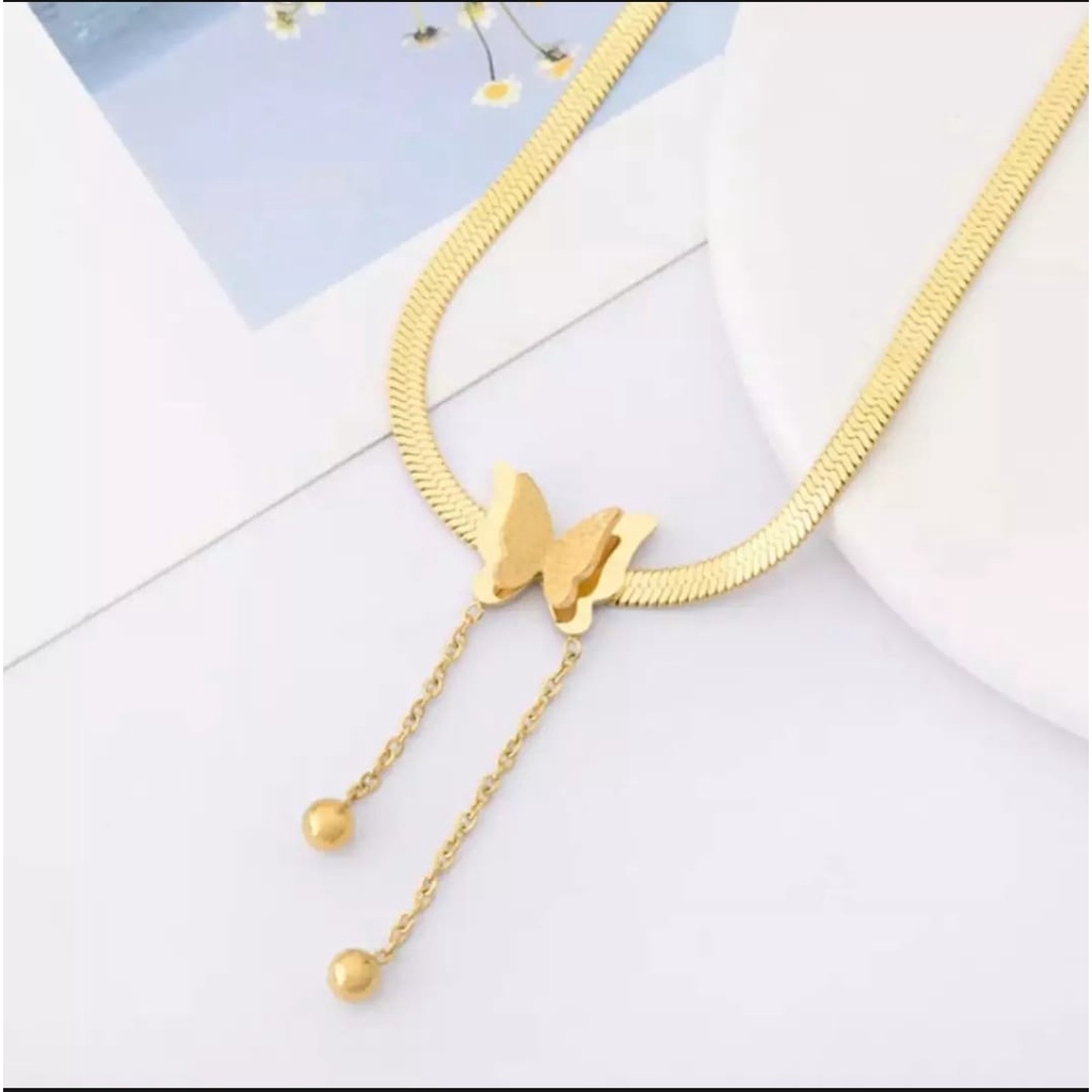 KALUNG WANITA TITANIUM GEPENG KUPU KUPU FASHION KOREA