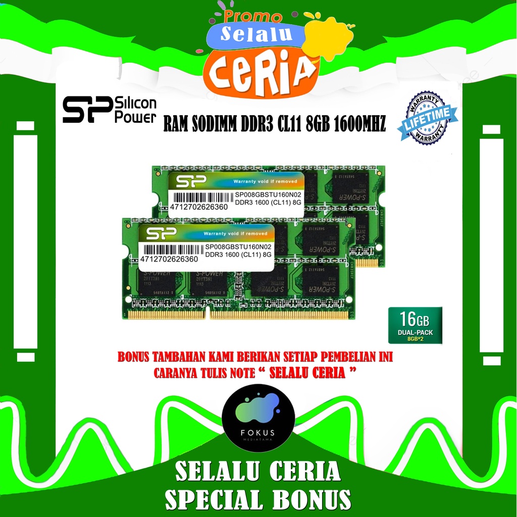 RAM SILICON POWER DDR3 1600MHz CL11 16GB SO-DIMM PC3-12800 SODIMM RAM Laptop