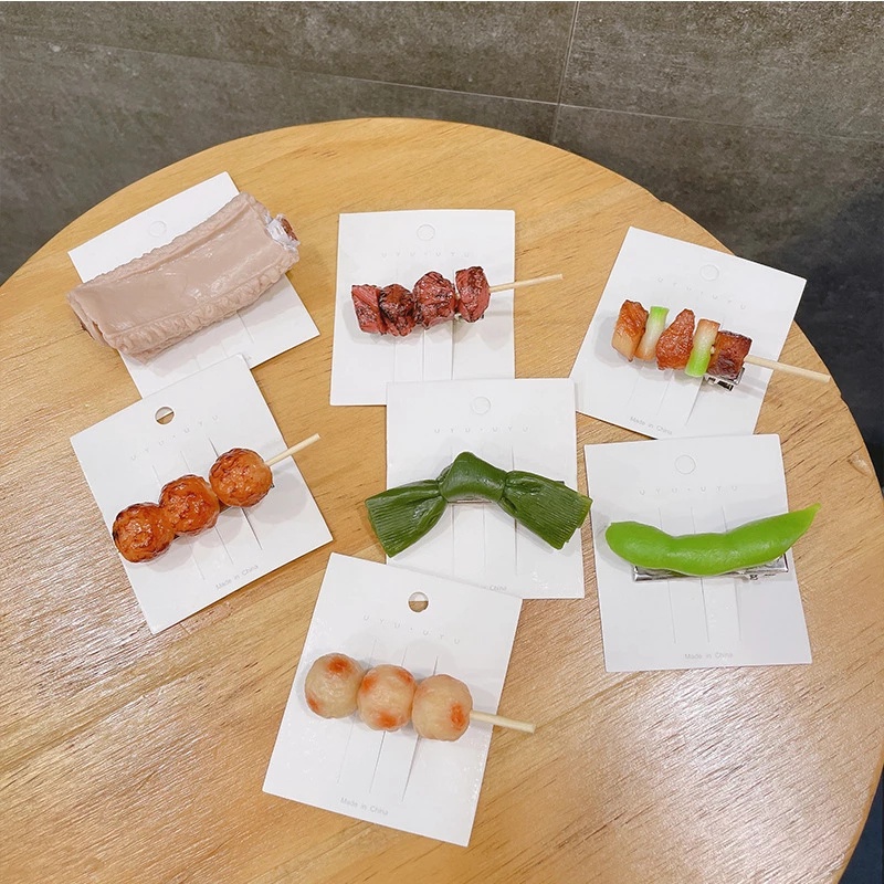 Mini Creative Simulation BBQ Food Side Hair Clip/ Plastic Fake Vegetables Meat Skewers Bangs Clip