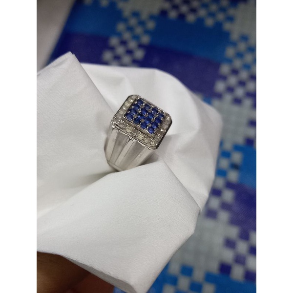 cincin berlian pria mata utama 16 pcs blue safir keliling berlian eropa ring perak ringsize 18/19