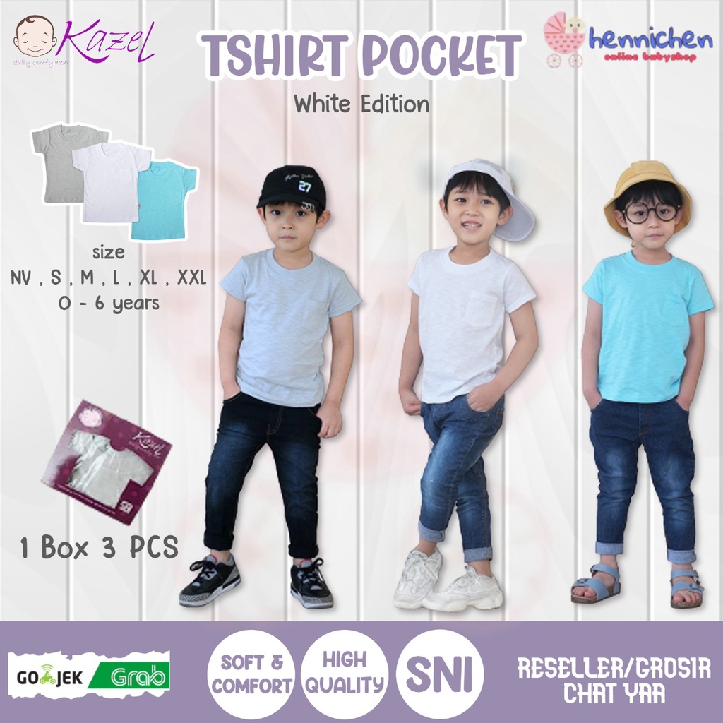 CUCI GUDANG diskon 3 Pcs KAZEL TSHIRT POCKET SIMPLY BAJU ANAK / BAJU BAYI