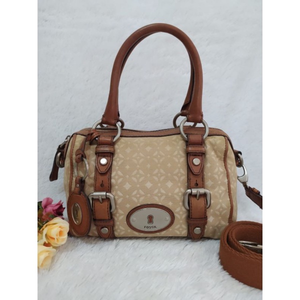 Fossil Vintage Maddox Signature Satchel Crossbody Brown Leather Authentic