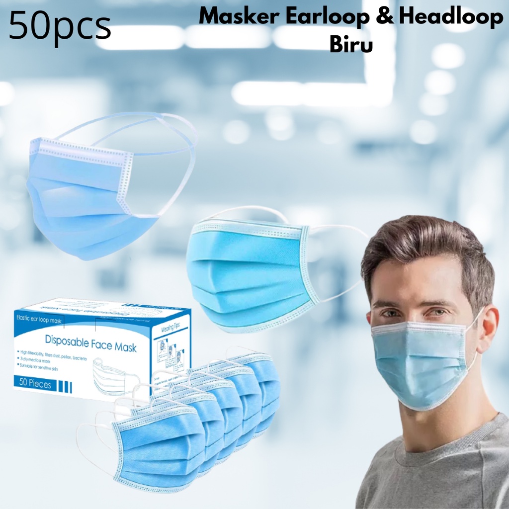 Masker Earloops &amp; Headloop isi 50pcs Face Mask 3ply