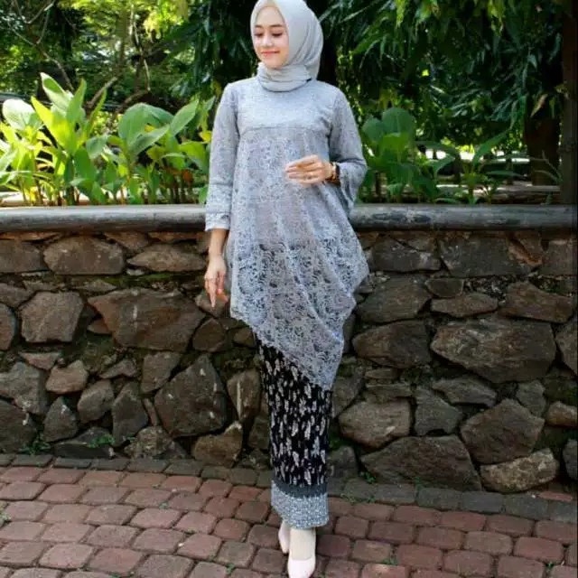 Jual Wbs Setelan Kebaya Tunik Miring Kebaya Modern Kebaya Kondangan Abu Abu Muda L