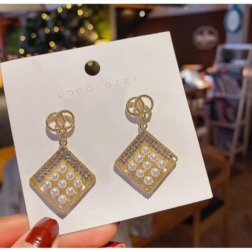 925 jarum perak geometris persegi buatan mutiara anting-anting retro sederhana temperamen earbud fas