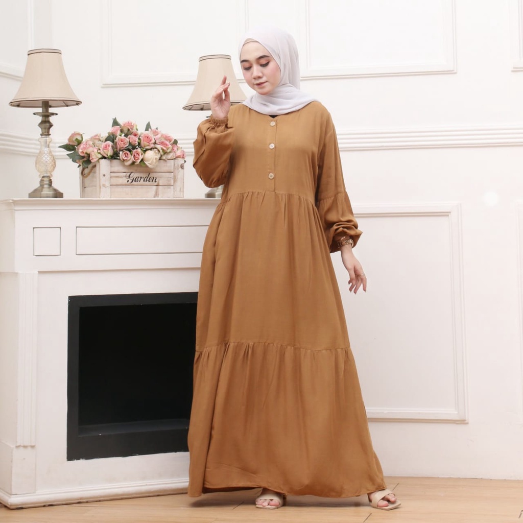 GAMIS RAYON MAXI MODEL LENGAN BALON | GAMIS CANDA MAXI | GAMIS RAYON POLOS SUSUN BUSUI FRIENDLY 3 KANCING DEPAN ATAS