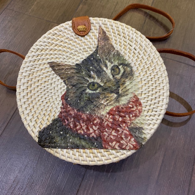 Tas bali rotan bulat motif kucing