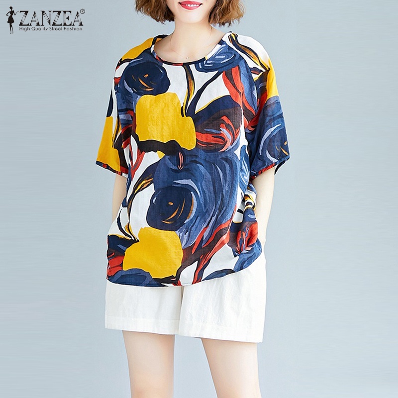 ZANZEA Women Short Sleeve Printed Vintage Casual Loose Blouse