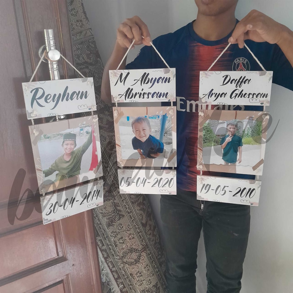 Hiasan Dinding Custom Nama Foto Dan Tanggal Lahir Media Papan MDF Dan Tali Macrame Wall Decor