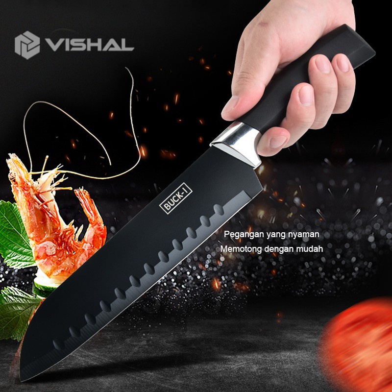 VISHAL Pisau Dapur 1 Set Tajam Hitam Knife Set Pisau Dapur isi 7Pcs Dengan Talenan VS-21